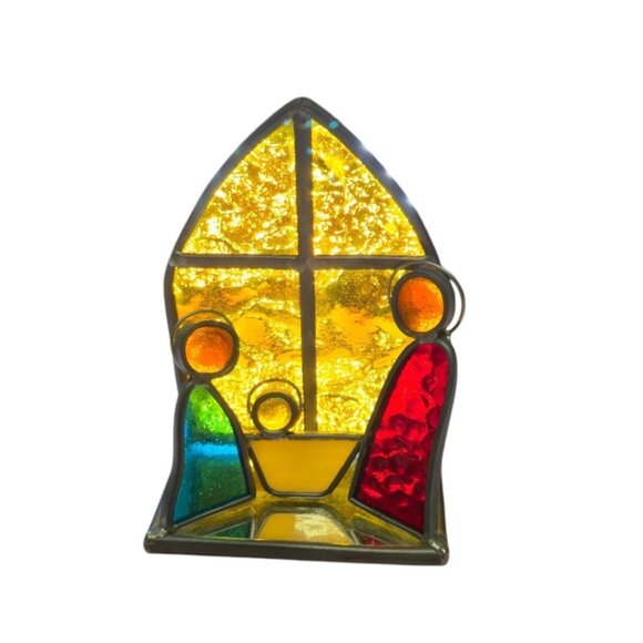 Vintage Stained Glass Nativity Scene Mirror Panel Christmas Art candle base - Picture 1 of 9